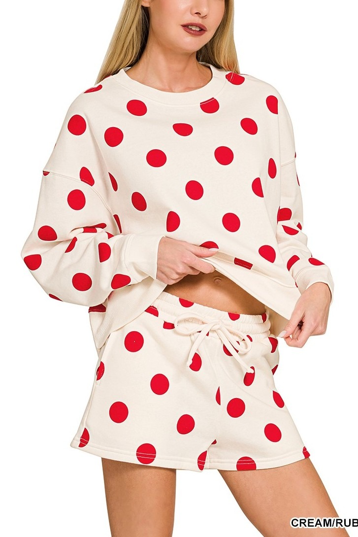Fleece Polka Dot Print Round Neck Pullover And Shorts Set
