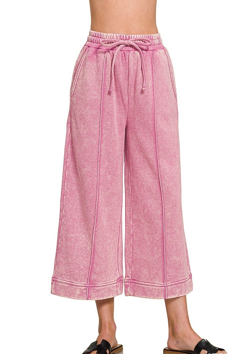 Acid Washed Fleece Pintuck Wide Leg Cropped Pants
