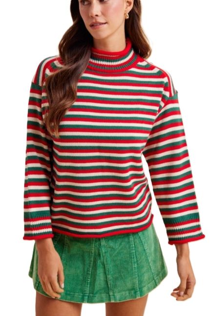 Christmas Candy Cane Multi Stripe Mock Neck Sweater Top