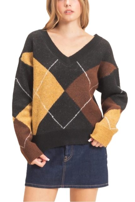 Argyle Pattern V-neck Sweater