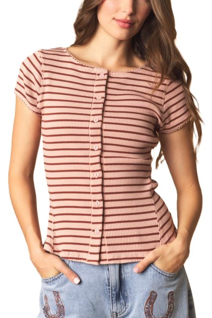 Striped Rib And Picot Edge Detailed Button Up Top