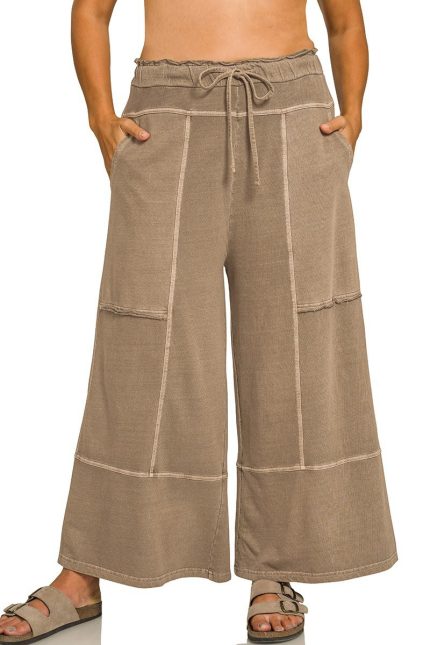 Plus French Terry Washed Exposed-seam Wide Leg Pants