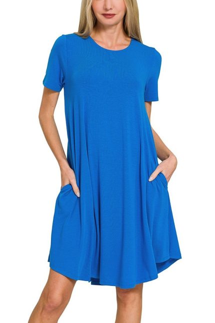 Short Sleeve Round Hem A-line Dress With Side Pockets