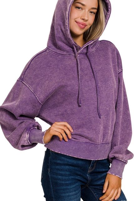 Acid Wash Fleece Cropped Hoodie