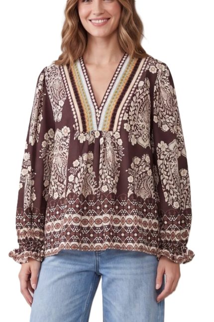 Border Print V Neck Top