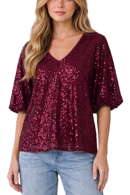 Bubble Sleeve V Neck Sequin Top