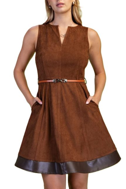 Faux Suede A-line V-neck Dress