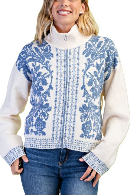 Nordic Floral Print Zip-up Sweater