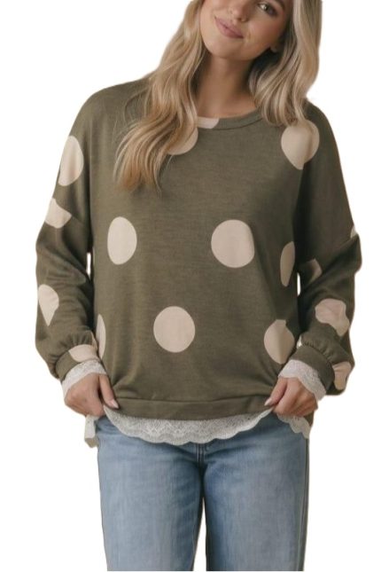 Dot Print Scallop Lace Hem Pullover Top