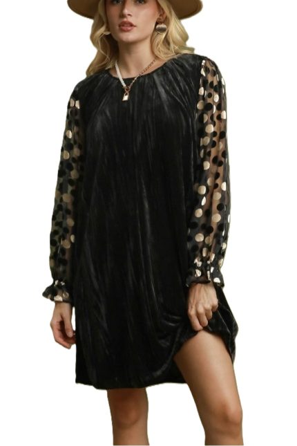 Velvet Polka Dot Sheer Sleeve Dress