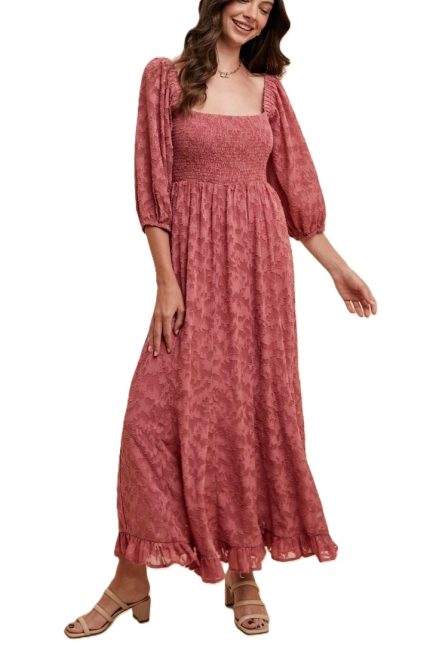 Jacquard Smocking Detail Ruffled Hem Maxi Dress
