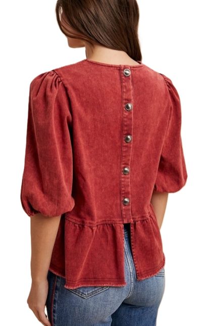 Denim Ruffle Detail Back-button Blouse