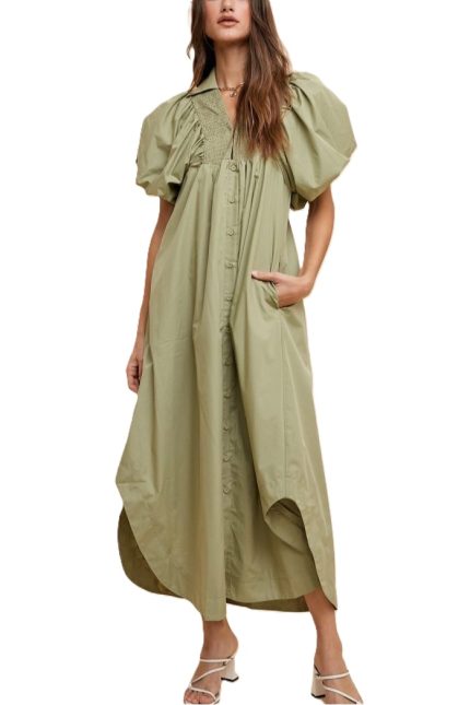 Smock Detail Shirts Style Puff Sleeve Midi Dress