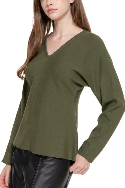Long Slv V-neck Fitted Waist Fine Knit Sweater