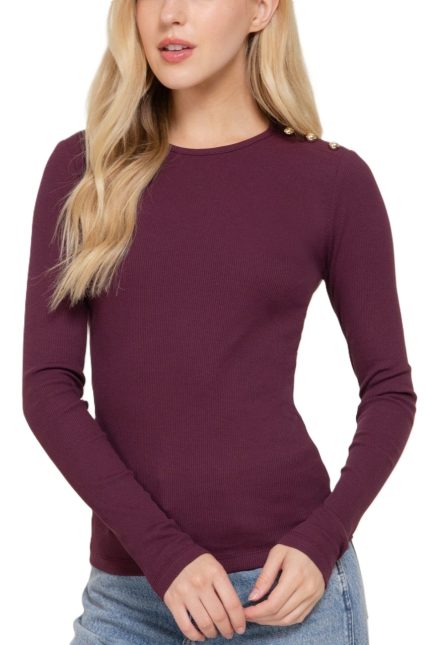 Long Slv Shoulder Buttoned Rib Knit Top