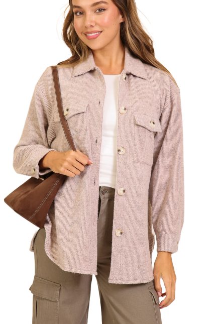 Long Sleeve Button Down Brushed Waffle Shacket