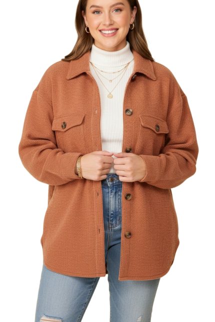Plus Size Long Sleeve Button Down Brushed Waffle Shacket