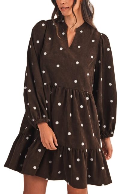 Pom-pom Dot Corduroy Tiered Mini Dress