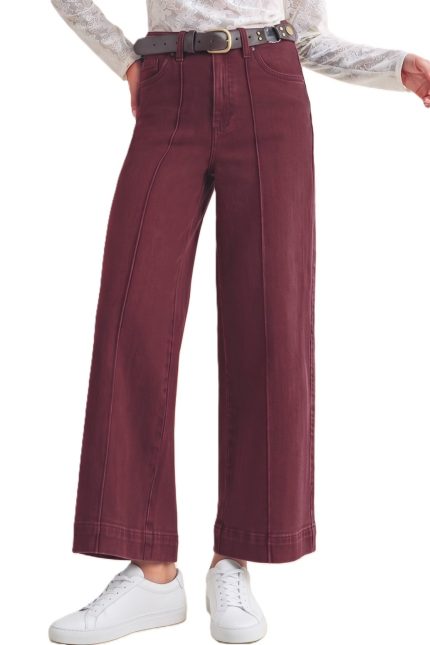 Stretch High Rise Pin Tuck Detail Wide Leg Jean