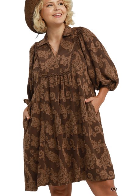 Plus Paisley Print Puff Sleeve Babydoll Dress