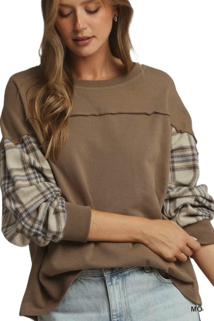 Mixed-media Plaid Sleeve Pullover