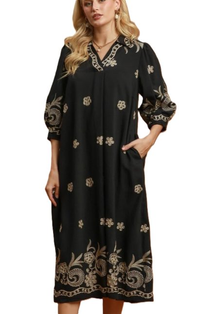 Embroidered Floral Midi Dress