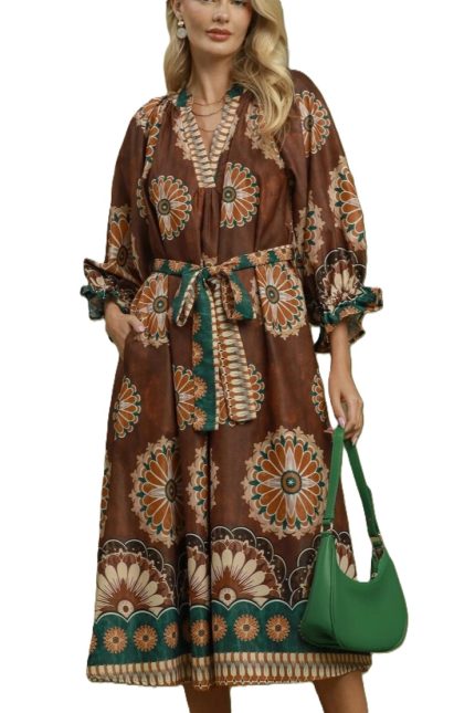 Abstract Print Belted Midi Dress