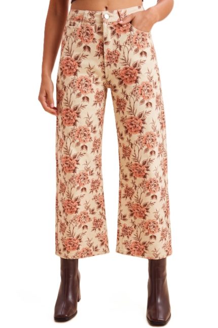Vintage Floral Stretch Denim Wide Pants