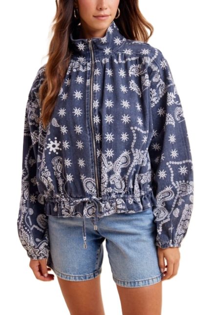 Bandana Printed Washed Drawstring Waist Bomber Jacket