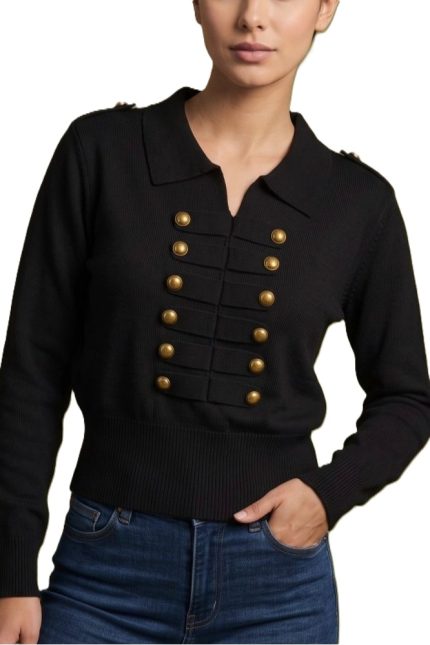Military Napoleon Button Detail Polo Collar Pullover Sweater