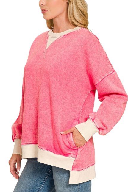 Fleece Acid Washed Contrast Trim Sweatshirts