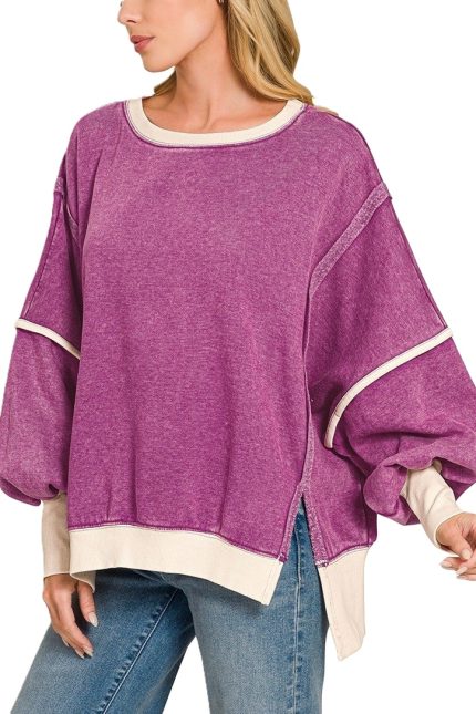 Plus Fleece Acid Washed Contrast Trim Balloon Sleeve Sweatsh