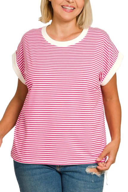 Plus Stripe Contrast Trim Top