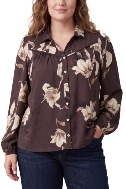 Plus Woven Print Collared Blouse Top