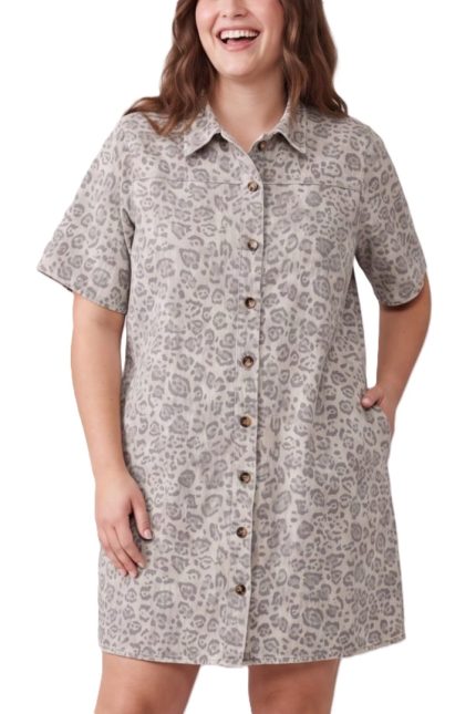 Plus Animal Print Collared Button Down Dress