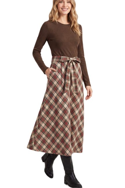 Long Sleeve Knit And Woven Plaid Combo Maxi Dress