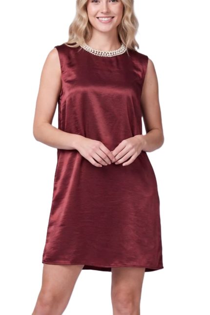 Embelished Neckline Satin Mini Dress