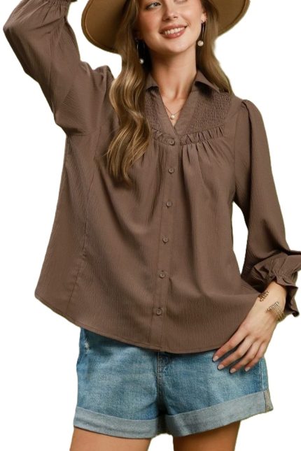 Smocked Detail Button Down Puff Sleeve Blouse