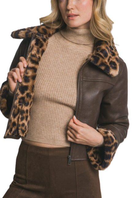 Faux Leather Jacket W/ Leopard Print