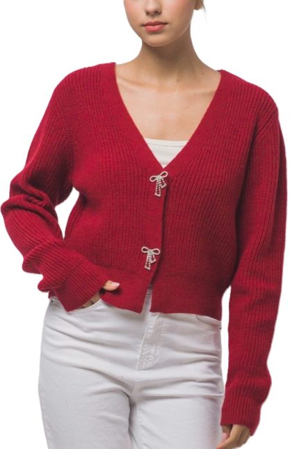 Rhinestone Bow Button Cardigan