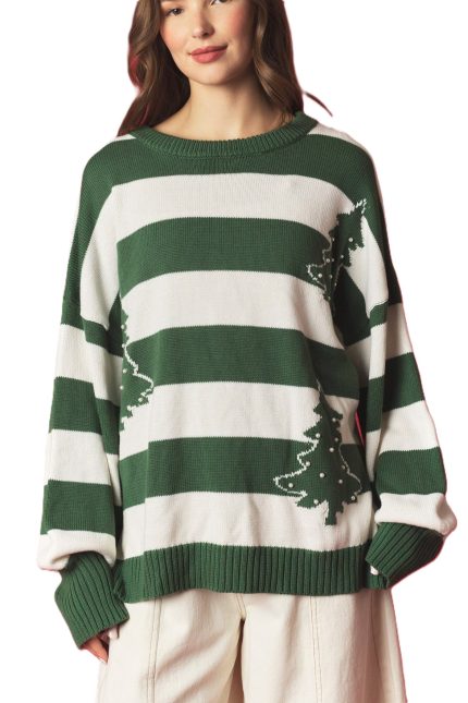 Tree With Pearl Studs Detailed Striped Sweater