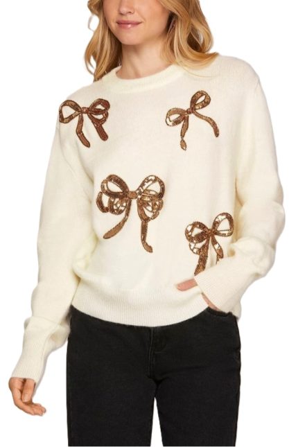 Long Sleeve Sequin Ribbon Sweater Top
