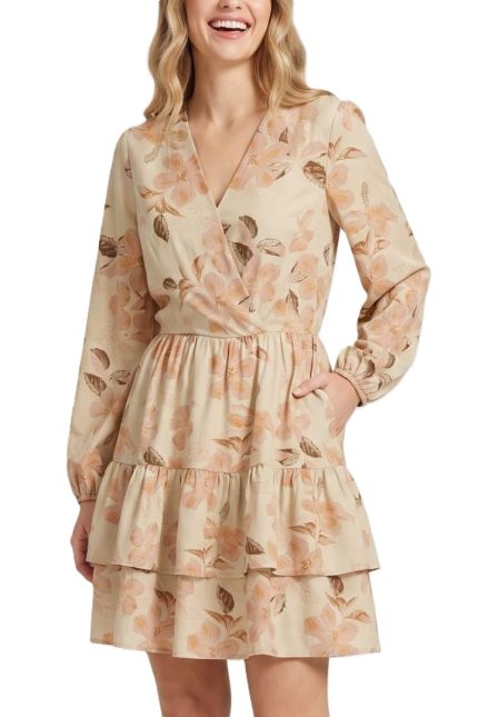 Woven Print Surplice Mini Tiered Dress