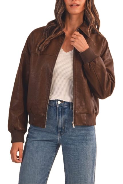 Vintage Faux Leather Zip-up Bomber Jacket
