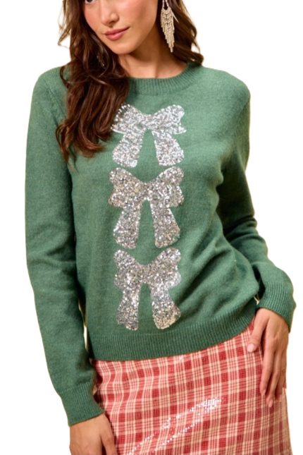 Sequins Bow Ribbon Embellished Holiday Sweater Top
