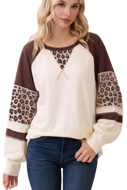 Leopard Print Color Block Raglan Pullover Top