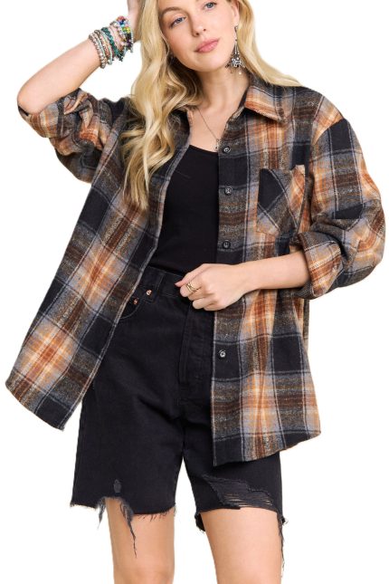Plaid Rolled Sleeves Button Down Shacket