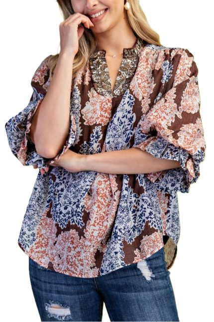 Printed Ruffled V-neck Top
