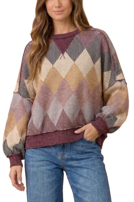 Argyle Waffle Wave Rib Banded Hem Pullover