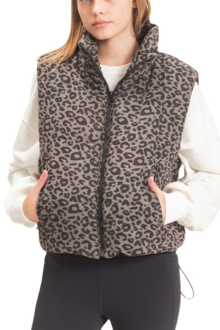 Leopard Quilted Zip Up Puffer Vest
